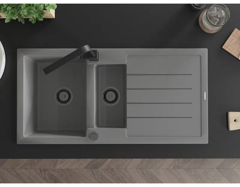 Mexen Andres, granitový drez 1000x500x200 mm, 1,5-komorový, šedá s čiernym sifónom a čierna drezová batéria Rita, 6515-71-670300-70-B
