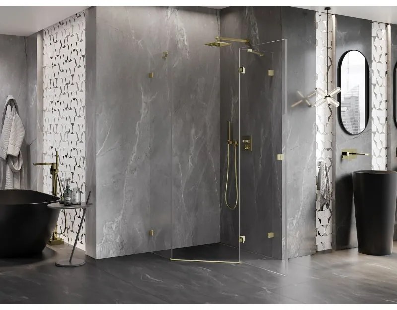 Mexen Lunar, pravý výklopný päťuholníkový sprchový kút 100 x 100 cm, 8mm číre sklo, zlatý matný profil, 831-100P-100L-55-00-P