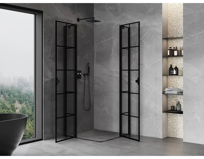 Mexen, Mexen Mist Duo výklopný sprchový kút 105 x 105 cm, čierna mriežka - 8A4-105L-105P-70-77
