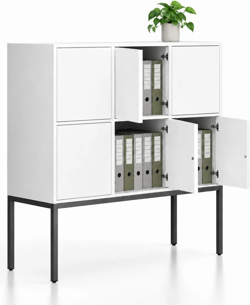 Kancelárska skriňa FRAME, nízka, čierna podnož, 6x dvere, 1299 x 450 x 1331 mm, PUSH-lock, biela