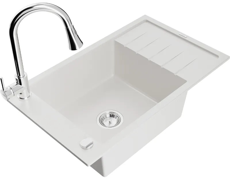 Mexen Elias, 1-komorový granitový drez 795x480x200 mm a drezová batéria Elia, biela, 6511-20-670101-00