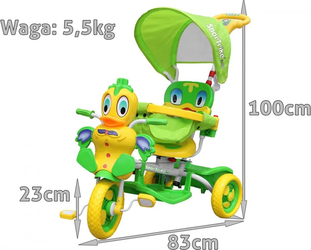 Ramiz Detský trojkolesový bicykel Duck Bike Zelená + zvuky + strieška + zábrana + opierka na nohy + riadidlá + úložný priestor