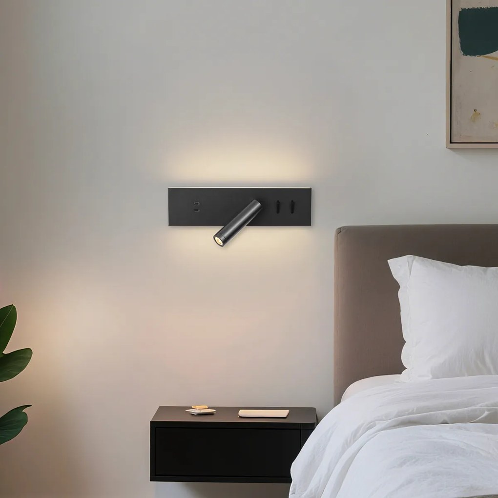 Moderné nástenné svietidlo čierne nastaviteľné s USB-C vrátane LED - Modric