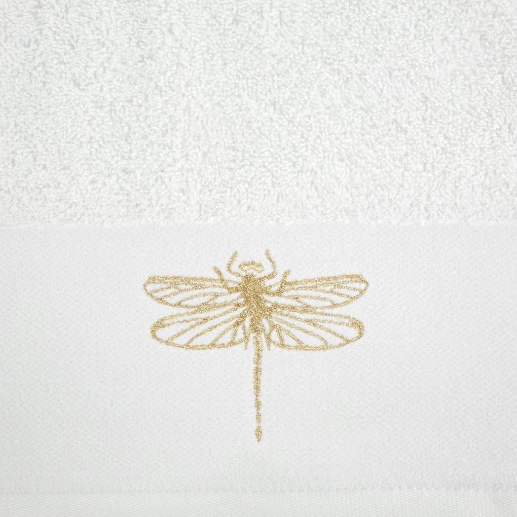 Osuška v bielej farbe s výšivkou vážky prešívanou zlatou niťou
