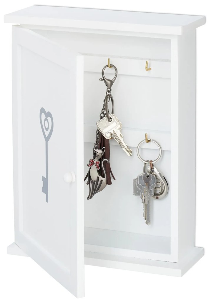 Drevená skrinka na kľúče Relaxdays RD7890A – biela s motívom, 6 háčikov