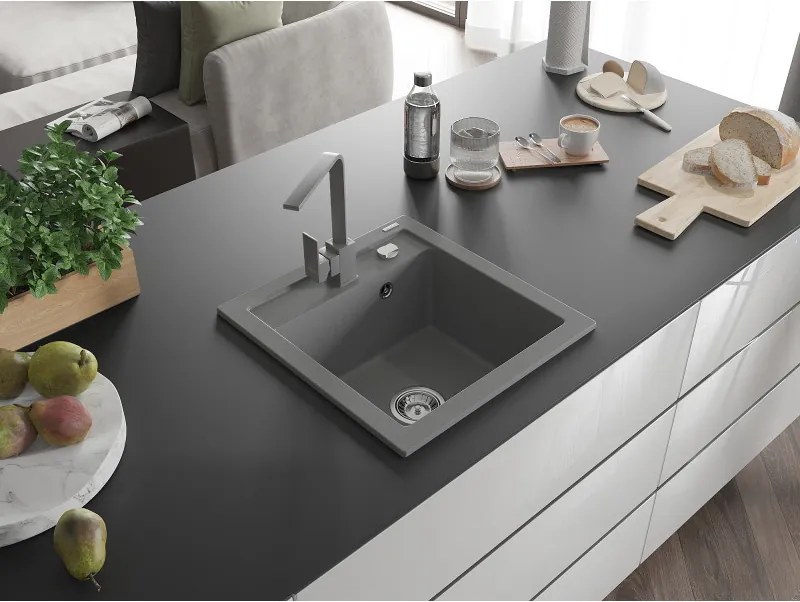 Mexen Vito, 1-komorový granitový drez 520x490x210 mm, šedá batéria Rita, šedá, 6503-71-670300-71