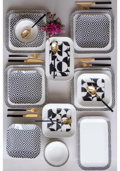 26-dielna jedálenská súprava z kvalitného porcelánu – biela/čierna