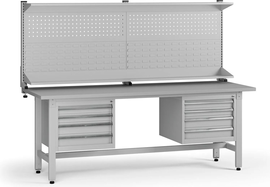 Výškovo nastaviteľný dielenský stôl G5 s nadstavbou, 2100 x 750 x 800-1000 mm, 2x kontajner, 8 zásuviek, sivá