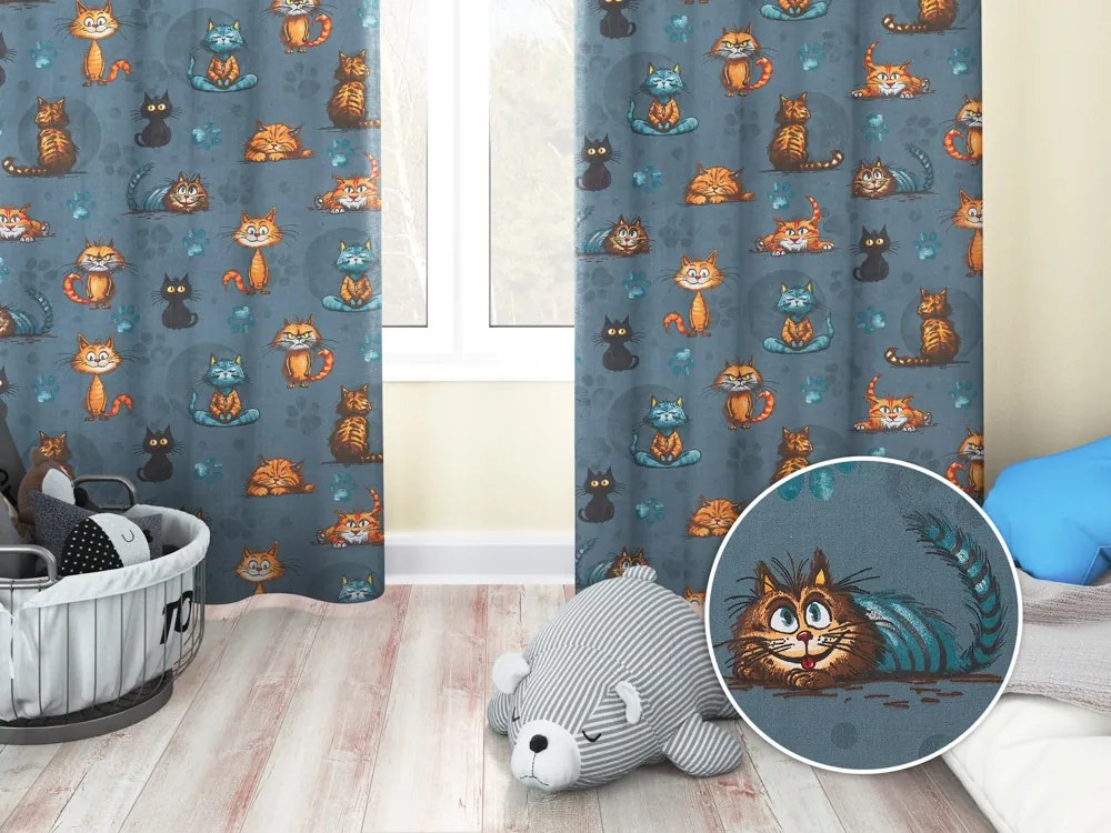 Biante Detský bavlnený záves Sandra SA-705 Mačacia partia na tmavo sivomodrom 150x200 cm