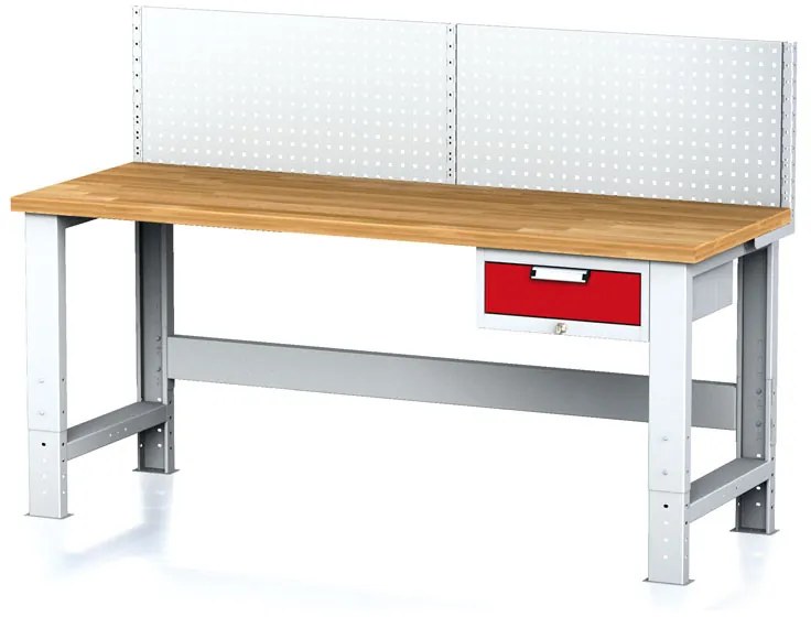 Alfa 3 Nastaviteľný dielenský stôl MECHANIC I, závesný box na náradie, nadstavba, 1 zásuvka, 2000x685x700-1055 mm, červené