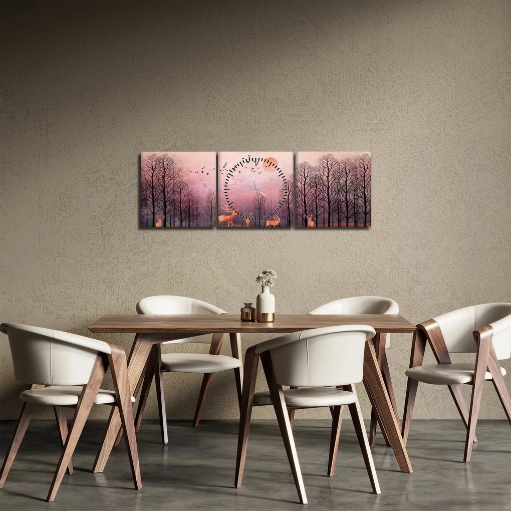 Obraz - Jelene v žiare zapadajúceho slnka (s hodinami) (90x30 cm)