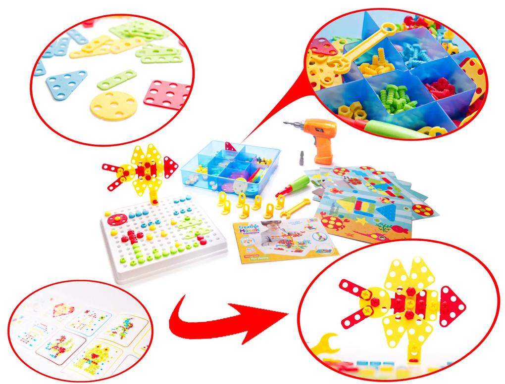 KIK KX7838_5 Mozaika detské puzzle plastové bloky + skrutkovač 261 dielikov