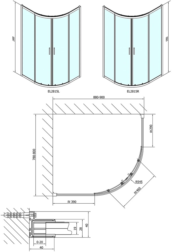 Polysan Polysan, EASY LINE štvrťkruhová sprchová zástena 900x800mm, L/R, čire sklo, EL2815