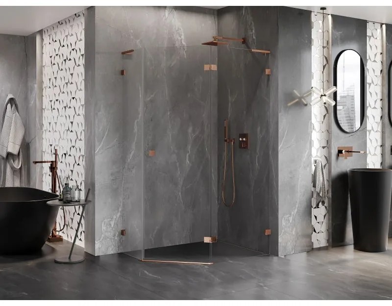 Mexen Lunar, L pravý výklopný päťuholníkový sprchový kút 100 x 90 cm, 8mm číre sklo, profil ružové zlato, 831L-100P-090L-60-00-P