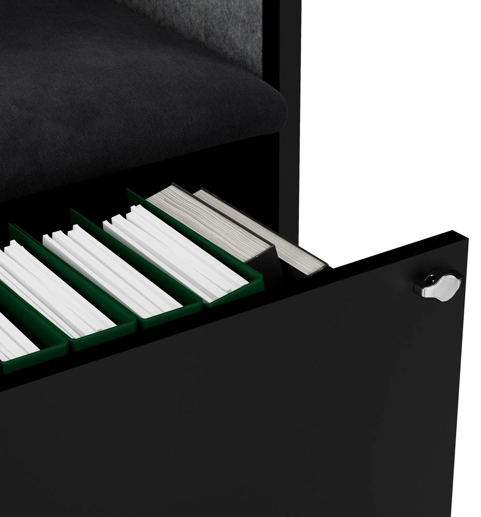 Kancelárska akustická kabína so sedadlom a portom USB-C, telo v čierny / sedák tmavosivá v zelenej farbe, 1150 mm: SALLY MentalBox