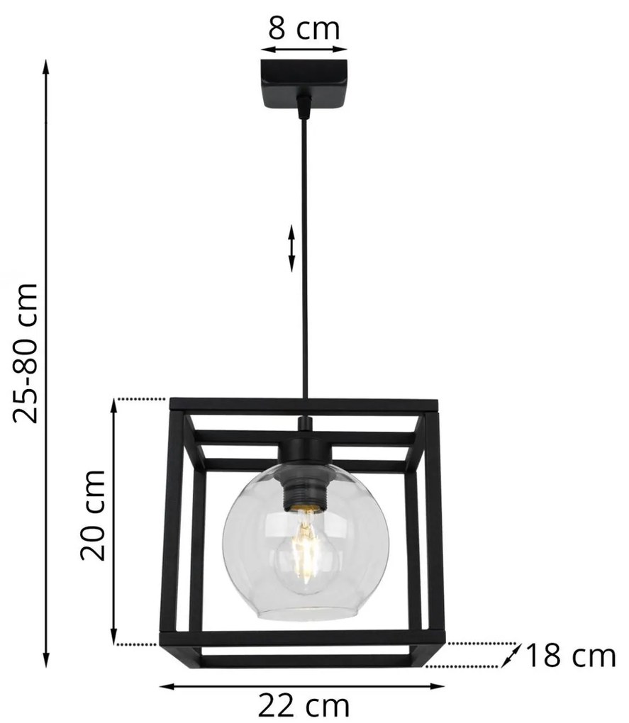 Závesné svietidlo HAGA CAGE, 1x transparentné sklenené tienidlo v kovovom ráme
