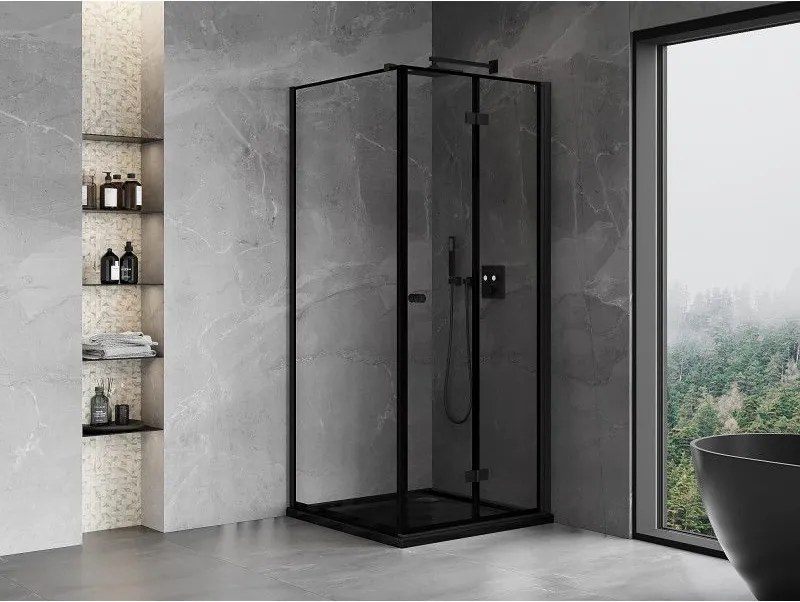 Mexen Mist-F T, 1-krídlový skladací sprchový kút pravý 80 x 80 cm, číre sklo-čierny rám, 8A6T-080-080-70-70-P