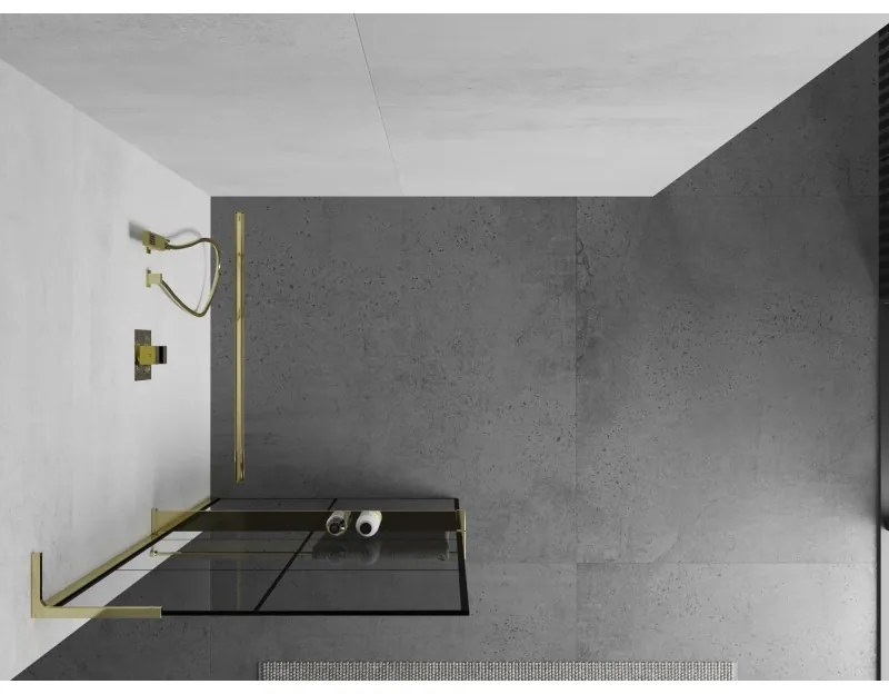 Mexen Kioto+ L, sprchová zástena Walk-In s poličkou a vešiakom 90 x 200 cm, 8mm číre sklo čierny vzor, zlatý lesklý profil,800-090-123-50-77