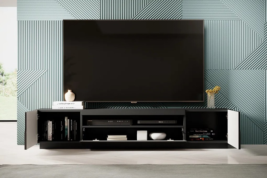 TV stolík Loftia 200 cm s otvorenou policou - čierna / čierny mat