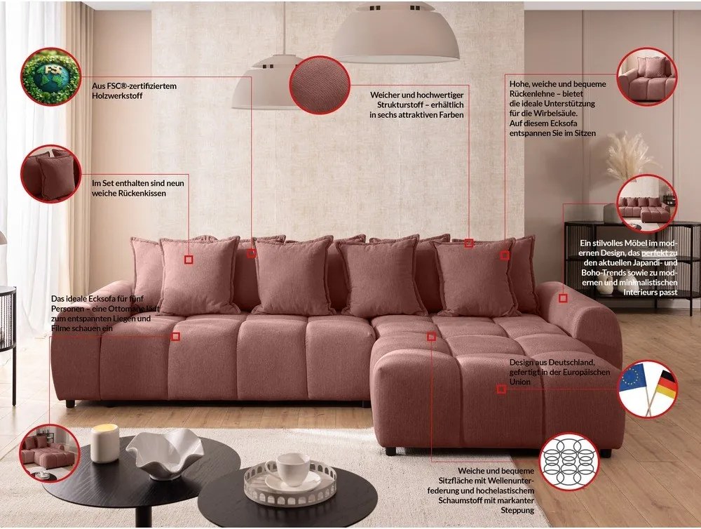 Rohová pohovka v terakotovej farbe (pravý roh/s leňoškou) Albane – Ropez