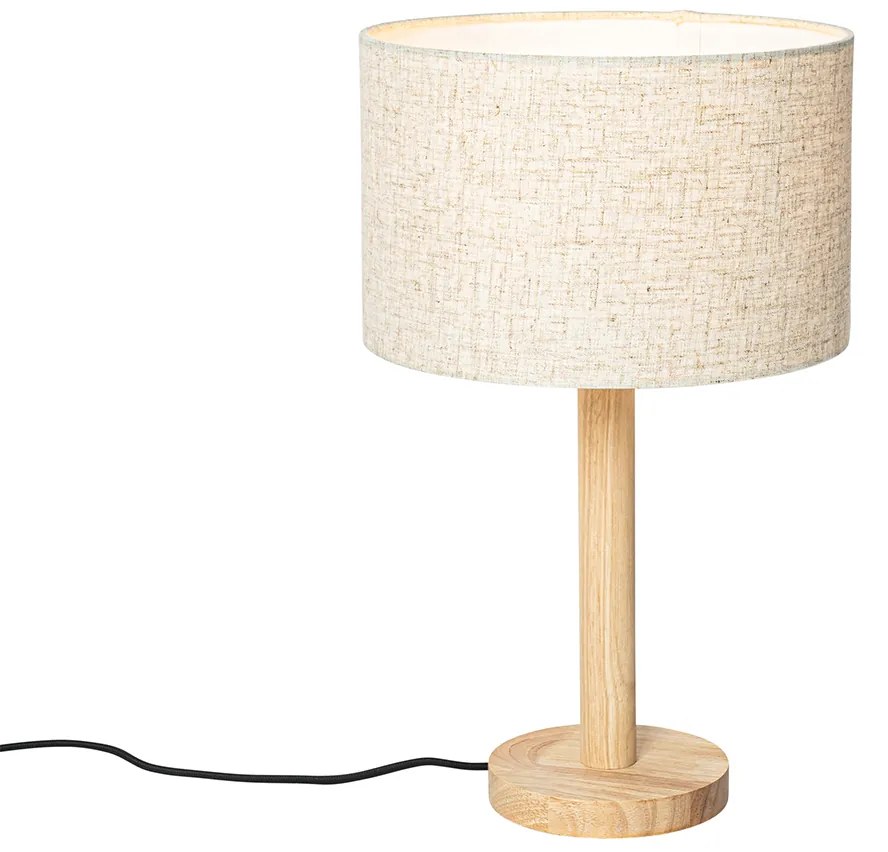 Rustikálna stolná lampa drevená s ľanovým tienidlom béžová 25 cm - Mels