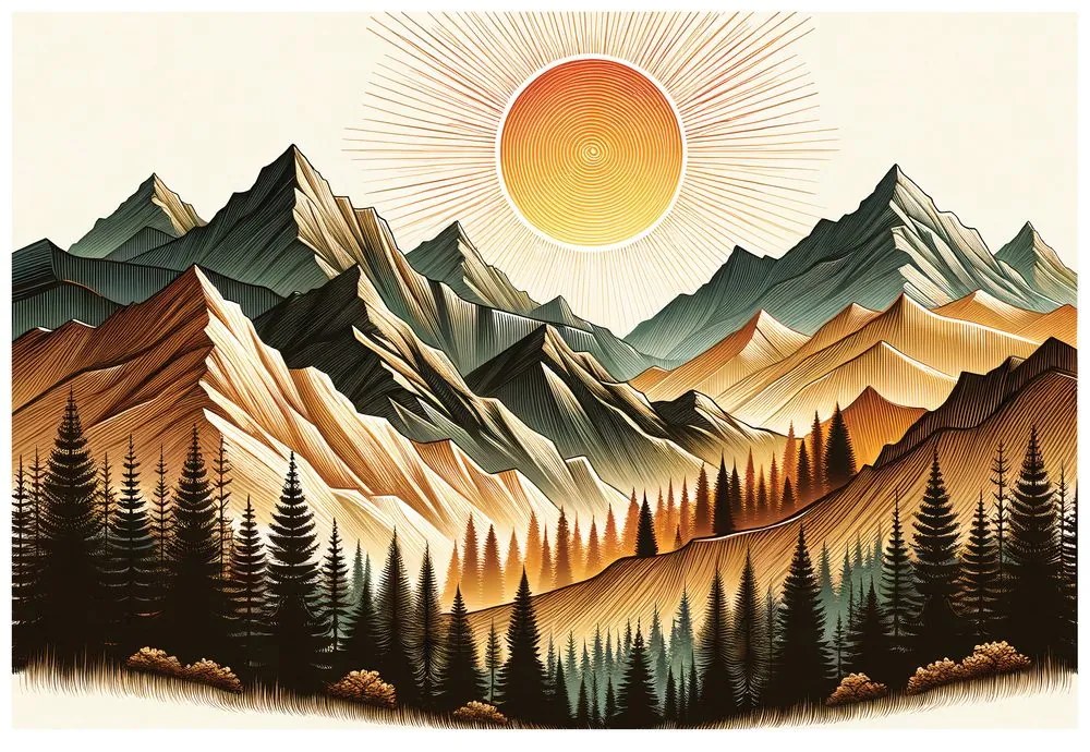 Samolepiaca tapeta horská krajina s vychádzajúcim slnkom