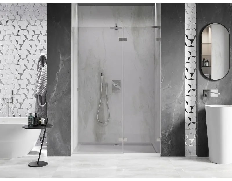 Mexen, Mexen Lunar L sklápacie pravé sprchové dvere 140 cm, transparentné, brúsený nikel - 834L-140-000-97-00-P