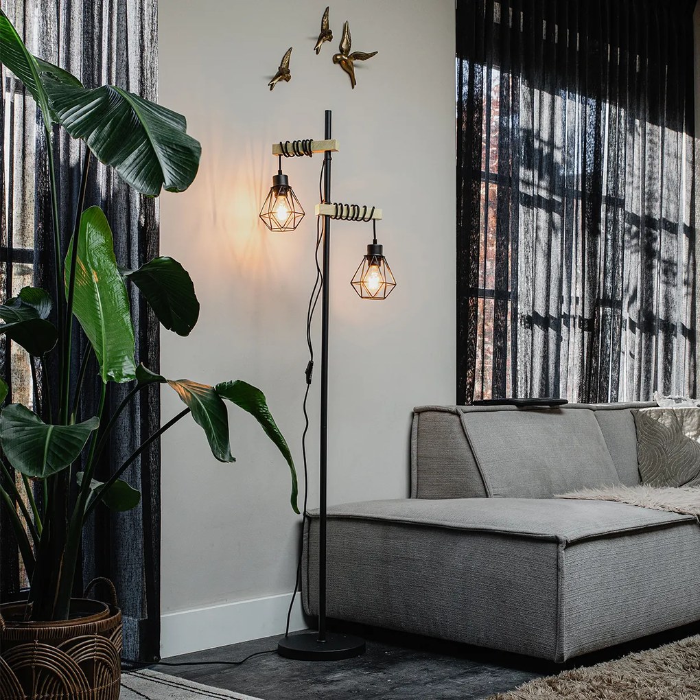 Rustikálna stojaca lampa čierna s drevom 2-svetlo - Chon