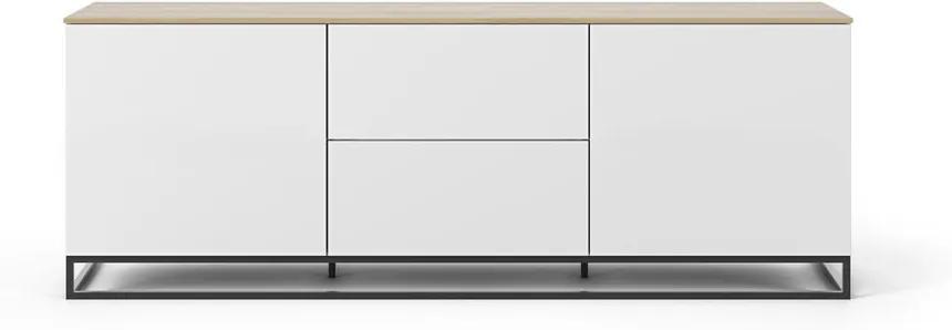 Biely televízny stolík s doskou z dubového dreva a čiernymi nohami TemaHome Join, 180 × 65 cm