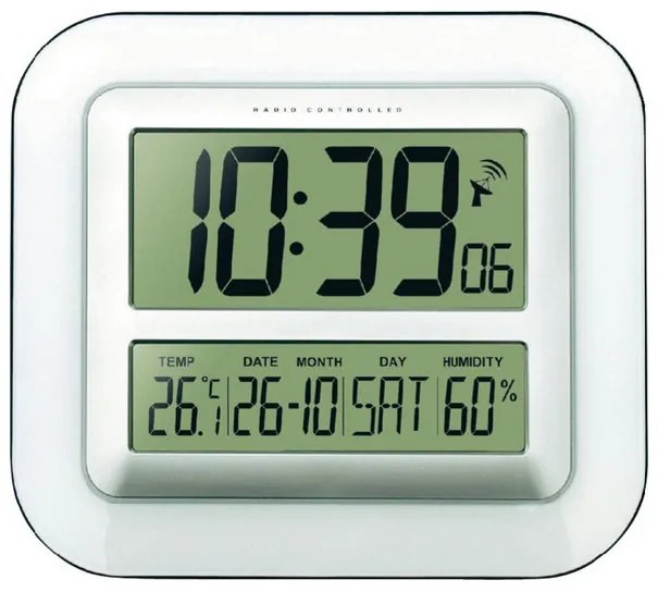 Digitálne nástenné DCF hodiny s teplomerom a vlhkomerom Techno Line WS 8006 (28 cm) – bielostrieborné