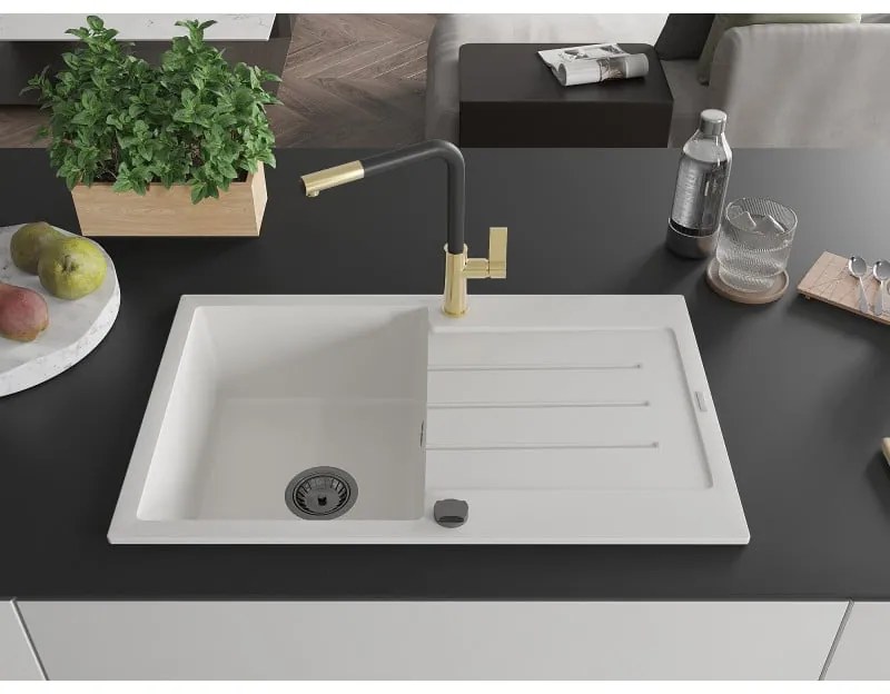 Mexen Bruno, 1-komorový granitový drez 795x495x200 mm a drezová batéria Flora, biela, 6513-20-670401-57-B