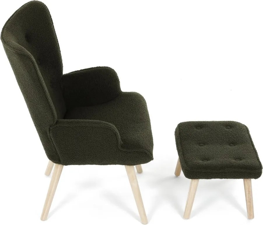 Relaxačné kreslo ušiak ROMEO II + taburet — masívne drevo, látka bouclé, prírodná / zelená