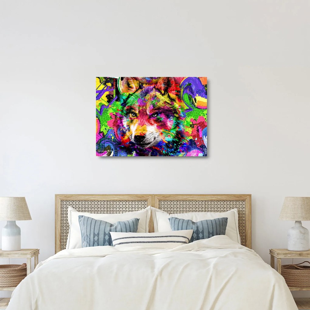 Sklenený obraz - Vlk s graffiti (70x50 cm)