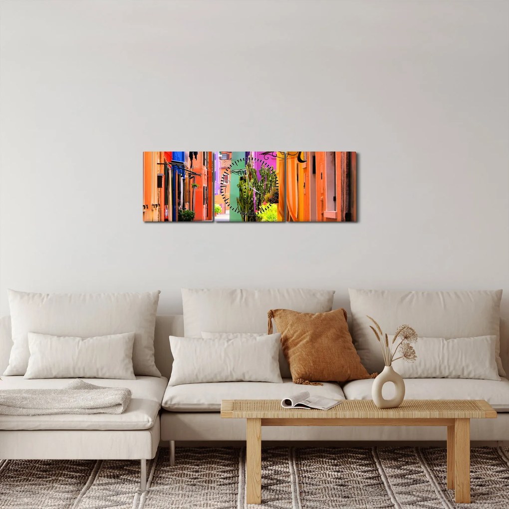 Obraz farebné talianskej uličky (s hodinami) (90x30 cm)