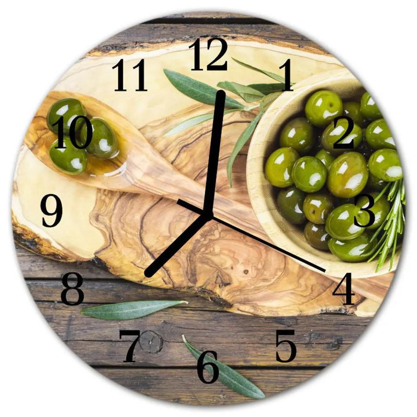 Sklenené hodiny okrúhle Drevené olivy fi 30 cm