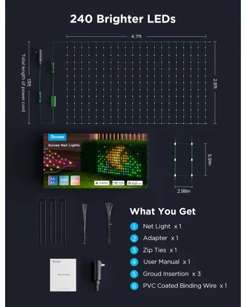 Govee - LED RGBIC Vonkajšia svetelná sieť 143x85cm Wi-Fi Matter IP65