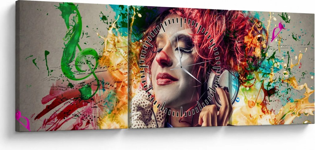 Obraz - Umelkyňa so slúchadlami (s hodinami) (90x30 cm)
