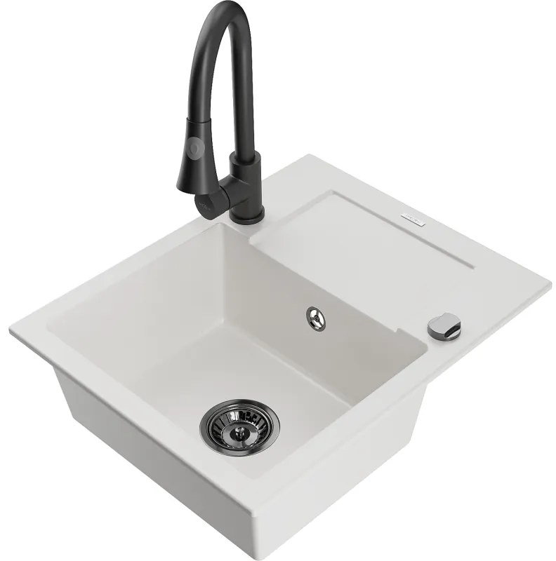 Mexen Enzo, 1-komorový granitový drez 576x465x174 mm a drezová batéria Elia, biela, 6506-20-670101-70