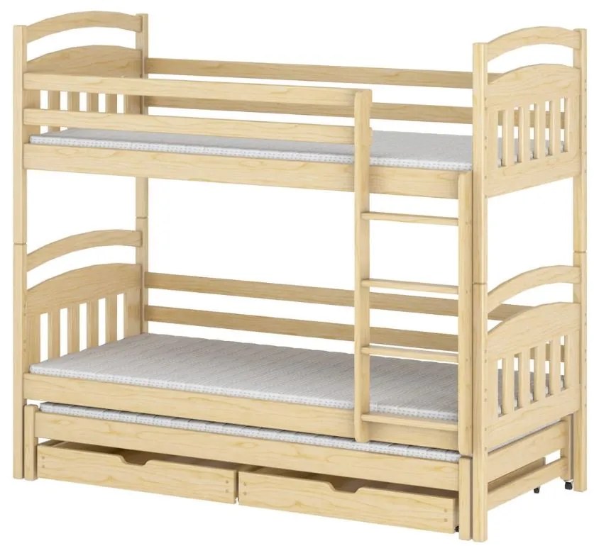 Detská poschodová posteľ z masívu borovice s prístelkou a šuplíky ALDA - 200x90 cm - biela