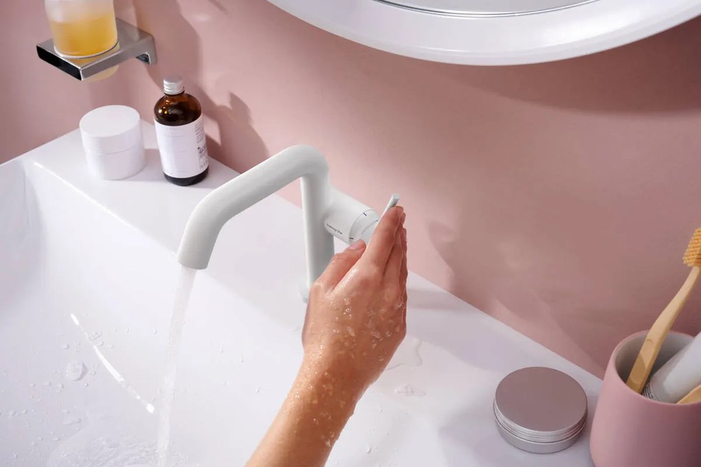 Hansgrohe Tecturis S, páková umývadlová batéria 110 Fine CoolStart EcoSmart+ s odtokovou súpravou, biela matná, HAN-73320700