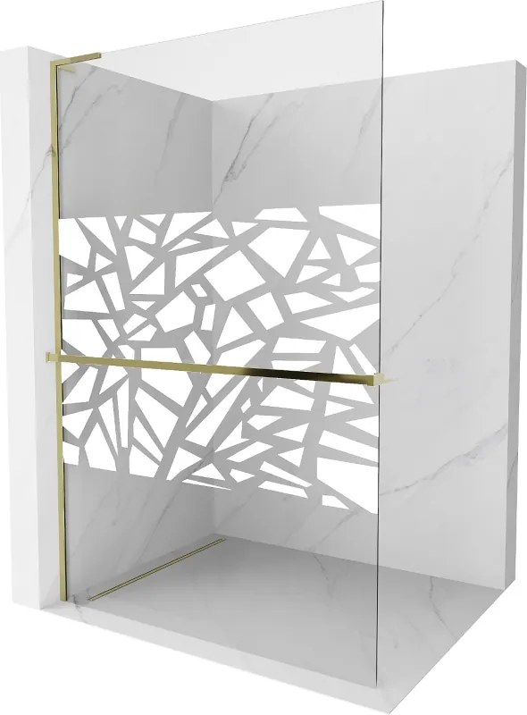 Mexen Kioto+ L, sprchová zástena Walk-In s poličkou a vešiakom 100 x 200 cm, 8mm číre sklo biely vzor, zlatý lesklý profil,800-100-123-50-85