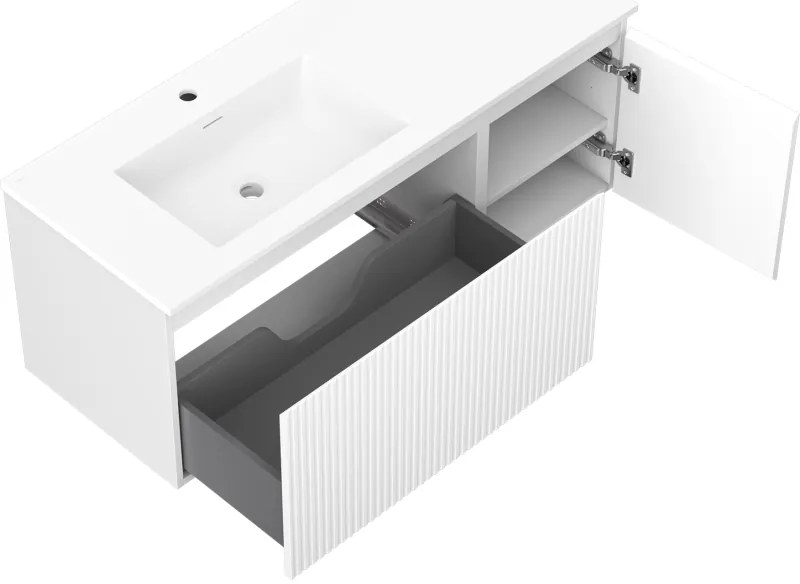 Mexen Rivel, kúpeľňová skrinka 120 cm s ľavým umývadlom Otis, 1S, 1D, drážkovaná, biela matná, 91A23-12047-3-BBFF01-W18L01