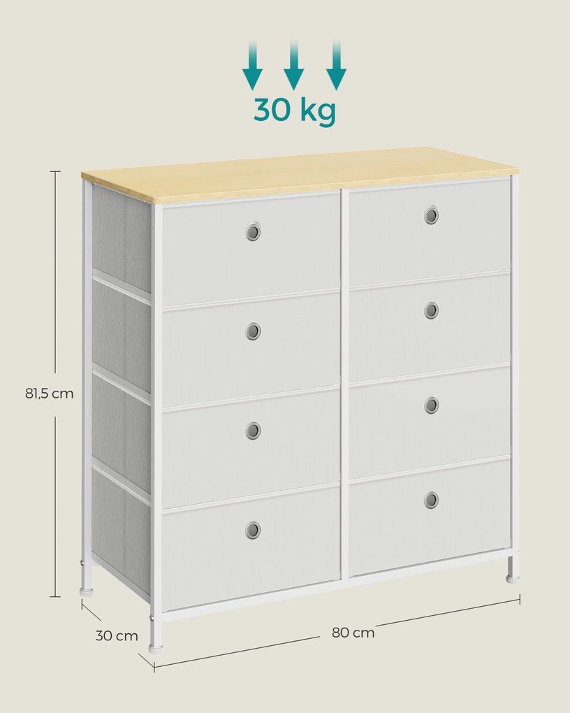 Komoda s 8 textilnými zásuvkami, s kovovým rámom, krémová biela a dub