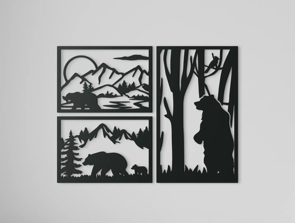 drevko 3-dielny obraz Medvedí triptych Rozmer obrazu: 33,5 x 44,5 cm, Farba dekorácie: Čierna