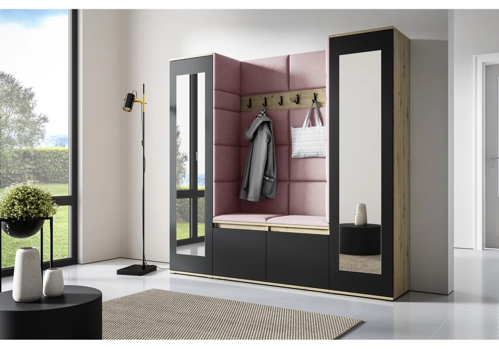 Predsieňová stena AMI 31 So zrkadlom Dub artisan + čierna Ružová