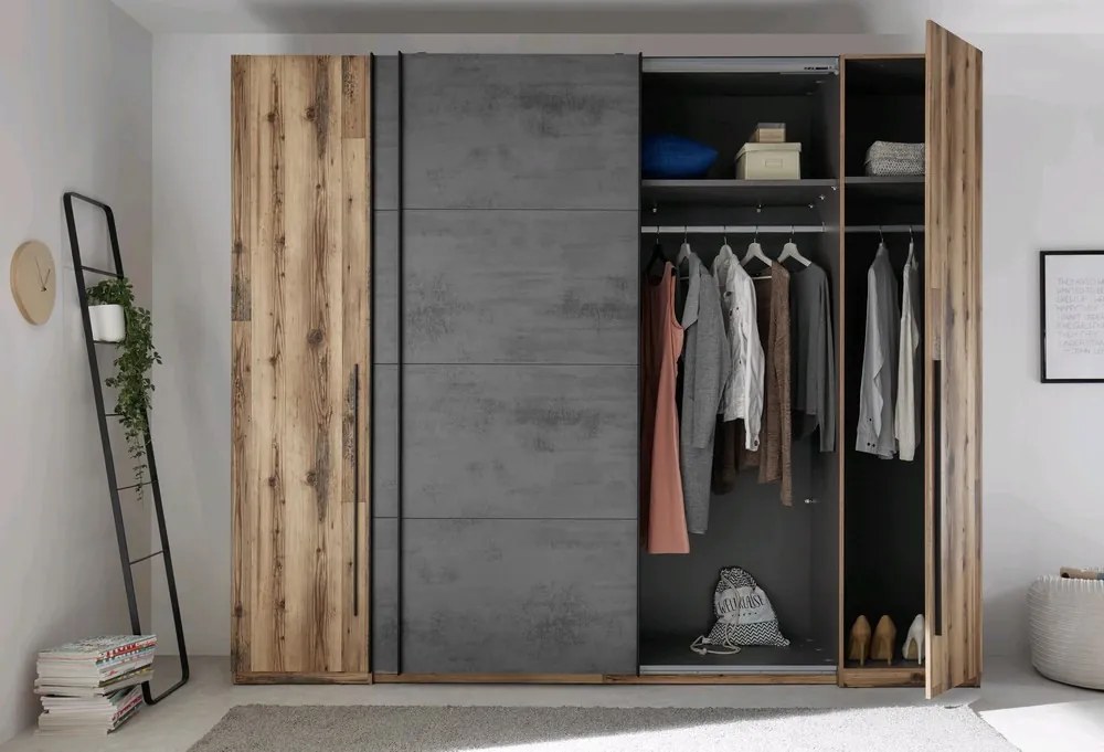 Šatníková skriňa Sarnia, 312 cm, zrubová dosky / tmavý betón