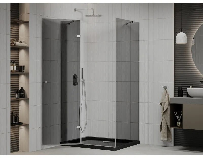 Mexen Roma, sprchový kút s krídlovými dverami 100 (dvere) x 80 (stena) cm, 6mm šedé sklo, chrómový profil + slim sprchová vanička čierna + chrómový sifón, 854-100-080-01-40-4070