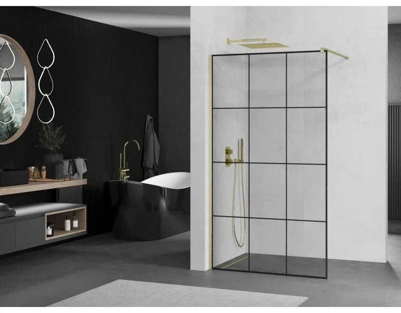 Mexen Kioto, sprchová zástena Walk-In 120 x 200 cm, 8mm číre sklo čierny vzor, zlatý matný profil, 800-120-101-55-77