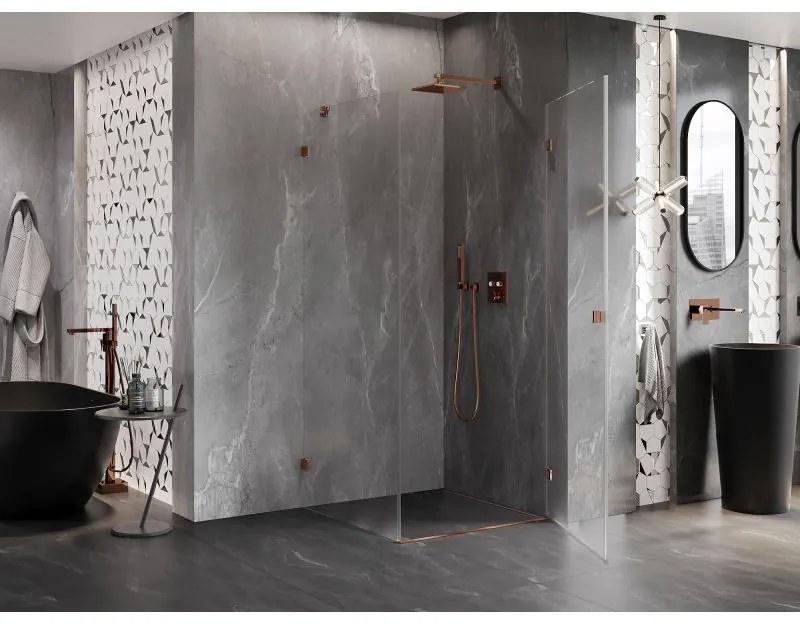 Mexen Lunar-B, pravostranný výklopný sprchový kút 90 x 90 cm, 8mm číre sklo, profil ružové zlato, 832-090-090-60-00-P