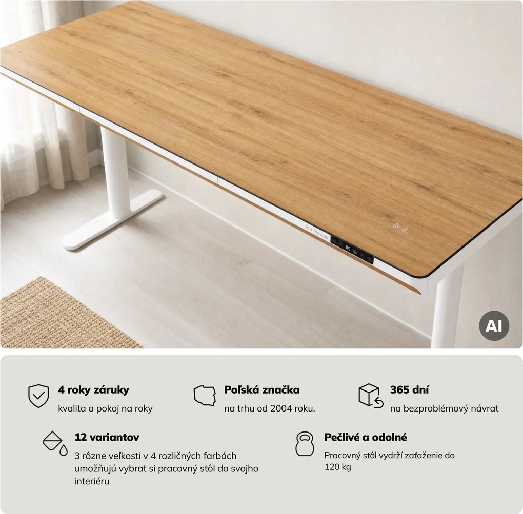 Elektrický písací stôl sit-stand so zásuvkou a bezdrôtovou nabíjačkou Qi biely/zlatý dub, 1600 mm: ELLIS